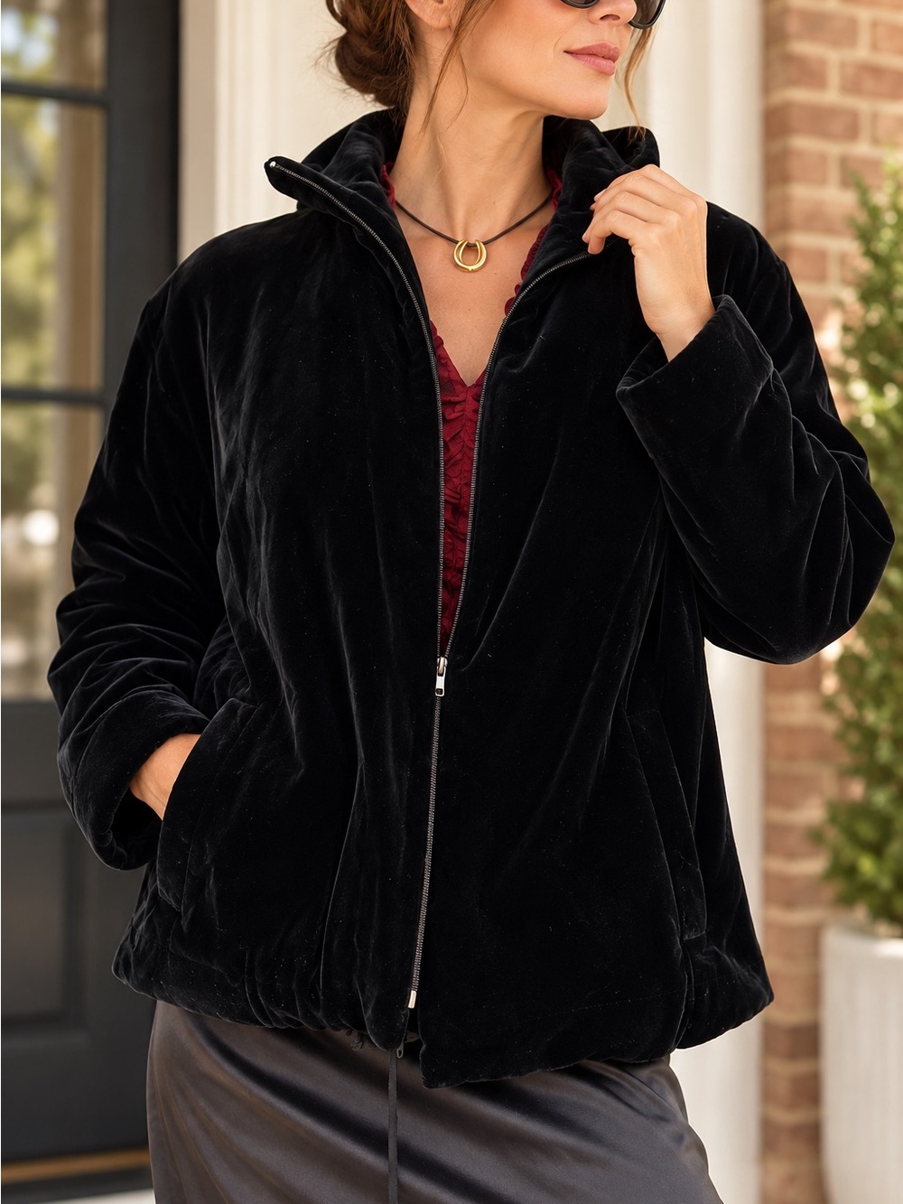 Chico’s Design Black Velour Velvet Silk Blend Hooded Jacket Size 2 L